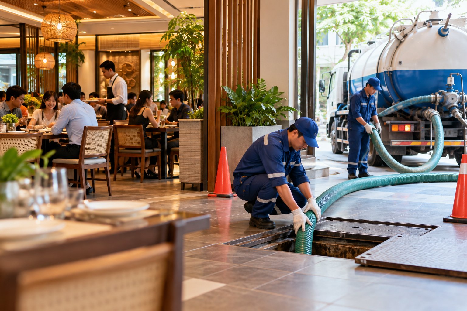 Ảnh minh hoạ: Hút hầm cầu nhà hàng đang hoạt động: Checklist