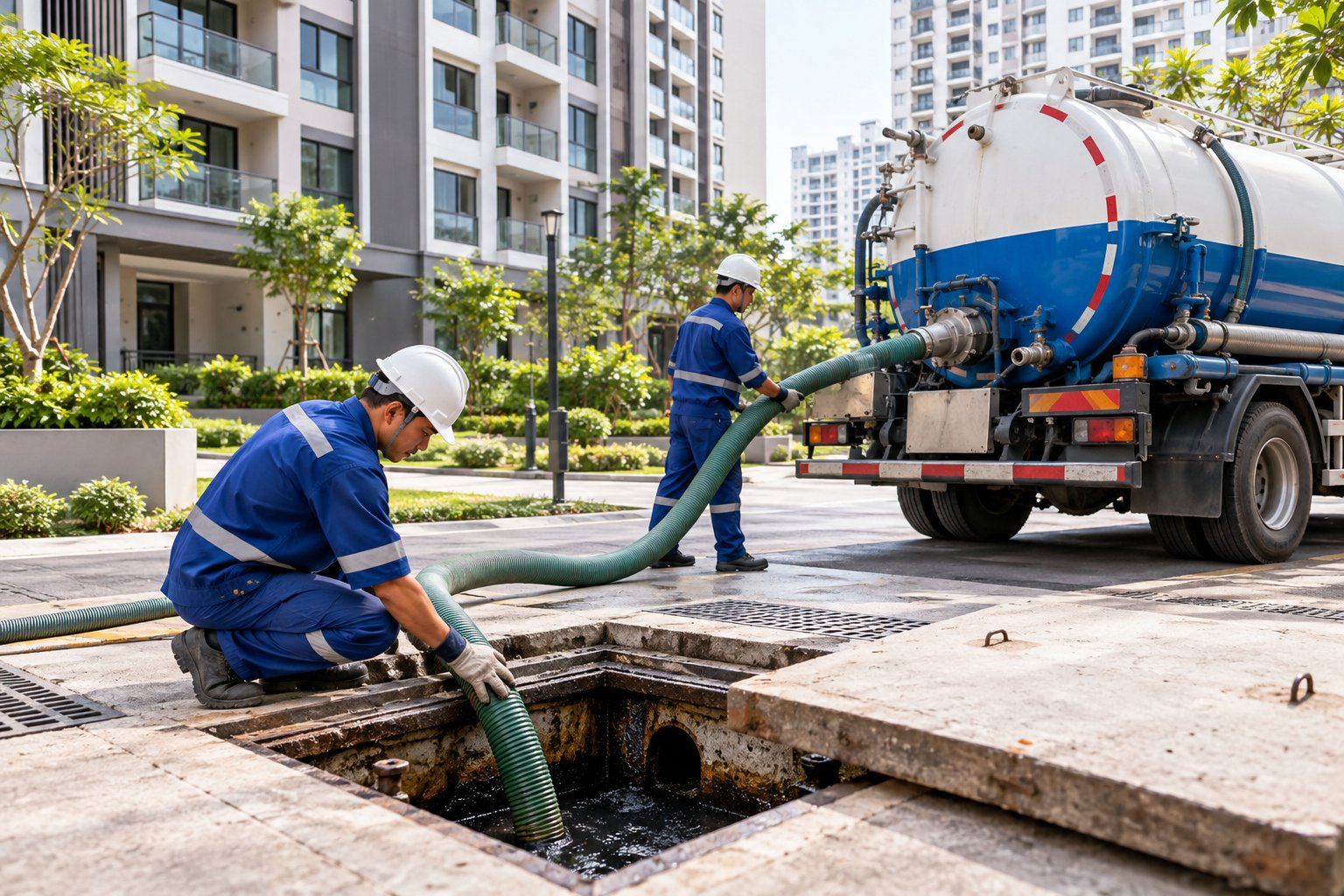 Ảnh minh hoạ: Trách nhiệm hút bể phốt chung cư thuộc về ai?